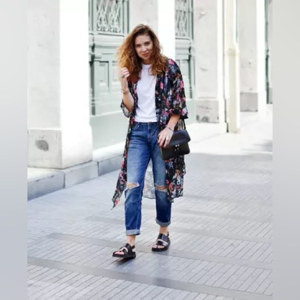 Band of Gypsies Chiffon Long Kimono Jacket Navy‎ Floral Sheer Open Front